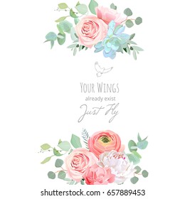 Delicate Wedding Floral Vector Design Card. Bouquet Frame. White Peony, Peachy Rose, Ranunculus, Carnation, Succulents, Eucalyptus. Colorful Flower Objects Set. All Elements Are Isolated And Editable