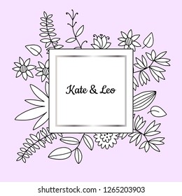delicate wedding invitation, card, pink background, silver frame, floral doodles, black and white flowers, holiday, romance, love, newlyweds, wedding, hand drawn