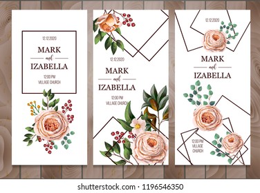 Delicate wedding invitation with English roses, eucalyptus, flowers and frames in watercolor style. 