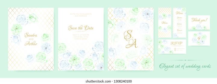 Delicate Wedding Invitation in Pastel Colors. Flowers Background, Roses Bouquet for Decoration. Greeting Card Template for Wedding Ceremony. Vector Floral Frame or Border. Vintage Wedding Invitation.