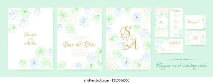 Delicate Wedding Invitation in Pastel Colors. Flowers Background, Roses Bouquet for Decoration. Greeting Card Template for Wedding Ceremony. Vector Floral Frame or Border. Vintage Wedding Invitation.