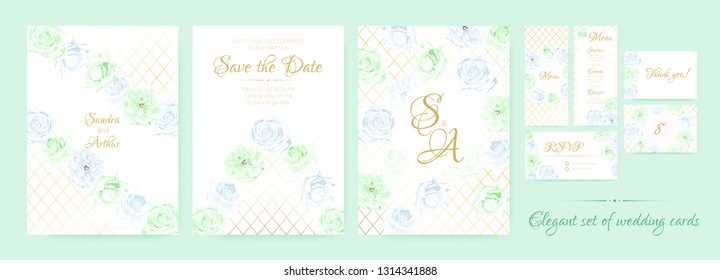 Delicate Wedding Invitation in Pastel Colors. Flowers Background, Roses Bouquet for Decoration. Greeting Card Template for Wedding Ceremony. Vector Floral Frame or Border. Vintage Wedding Invitation.