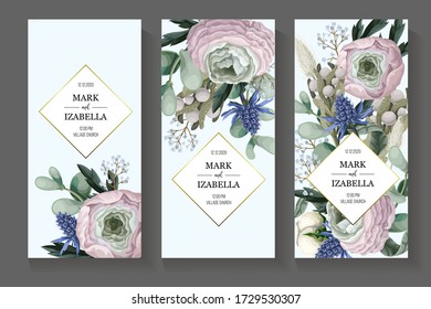 Delicate wedding invitation with ranunculus, eucalyptus and wild flowers . Vector.