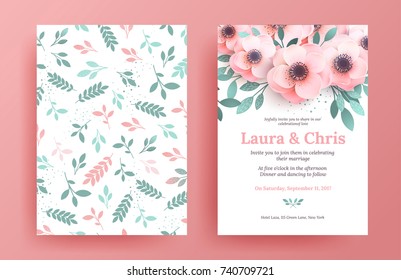 Delicate wedding invitation templates. Pink design cover set with flowers and green leaves. A luxurious poster for the holiday, the bright market, the market. Delicate wedding invitation templates. Pink design cover set with flowers and green leaves. A luxurious poster for the holiday, the bright market, the market.