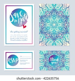 Delicate wedding invitations in ethnic Indian style. Flower Mandala tender. Card Save the date, thank you, rsvp, anniversary, congratulations.