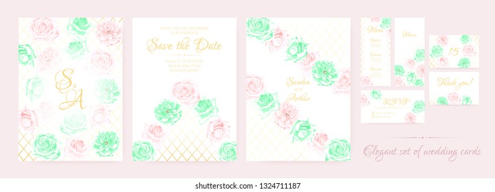 Delicate Wedding Invite Collection with Vintage Roses in Pastel Color Design. Decorative Floral Border, Watercolor Invite Set, Rustic Bouquet for Engagement. Wedding Cards or Elegant Romantic Invite.