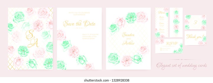 Delicate Wedding Invite Collection with Vintage Roses in Pastel Color Design. Decorative Floral Border, Watercolor Invite Set, Rustic Bouquet for Engagement. Wedding Cards or Elegant Romantic Invite.