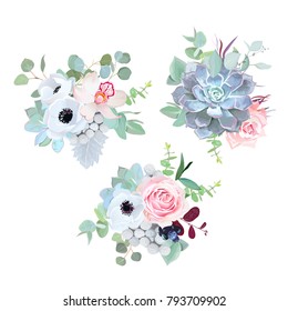 Delicate wedding seasonal flowers vector design bouquets. Rose, anemone, succulent, eucalyptus, agonis, brunia, black berry.Floral borders.Mint color composition.All elements are isolated and editable