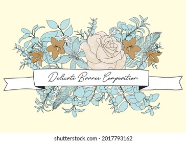 Delicate white banner with rose, lady bell flowers, and varied foliage composition. Floral vector illustration. Floral label design. Flower and leaves arrangement. Outline and flat colors