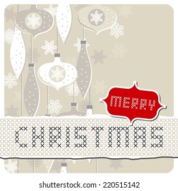 Delicate white beige glass balls and lace snowflakes winter holiday vertical card on light background with Christmas wishes
