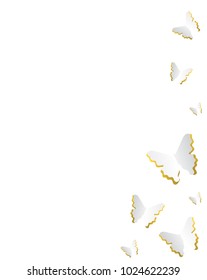 Delicate White Butterflies Made Of Paper With Golden Tint. Card. A Gentle Background. Romance.