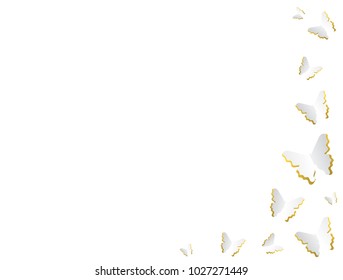 Delicate White Butterflies Made Of Paper With Golden Tint. Card. A Gentle Background. Romance. 