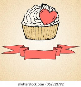 Delicate white cake with cream frosting in a pink heart and 
waffle cup Valentine's Day with pink ribbon for text.