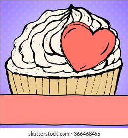 Delicate white cake with cream frosting in a pink heart and 
waffle cup Valentine's Day with pink ribbon for text.