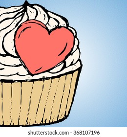 Delicate white cake with cream frosting in a pink heart and 
waffle cup Valentine's Day looks out the side of the picture.