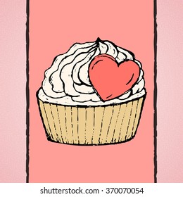 Delicate white cake with cream frosting in a pink heart and 
waffle cup Valentine's Day against the background of pink ribbons.