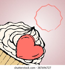 Delicate white cake with cream frosting in a pink heart and 
waffle cup Valentine's Day peeking from the bottom left corner of the image with a pink frame for your text.