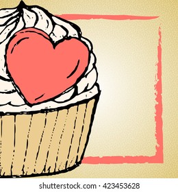 Delicate white cake with cream frosting in a pink heart and 
waffle cup Valentine's Day looks to the side of the image space for text.