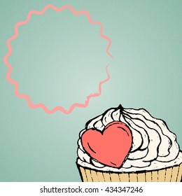 Delicate white cake with cream frosting in a pink heart and 
waffle cup Valentine's Day peeking from the bottom right corner of the image with a pink frame for your text.