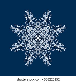 Delicate white Christmas snowflake on blue background