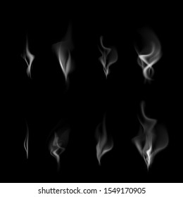 Delicate white cigarette smoke waves on balck background vector illustration. Realistik smoke set. Vector set