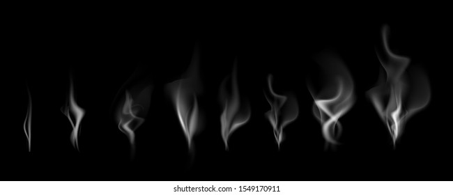 Delicate white cigarette smoke waves on balck background vector illustration. Realistik smoke set. Vector set