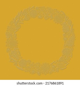 Delicate white contour floral border with shadow on yellow background 