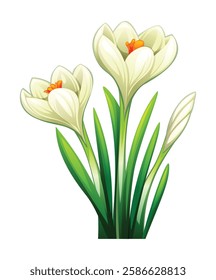 Delicate white crocus flowers with leaves and bud. Vector cartoon illustration