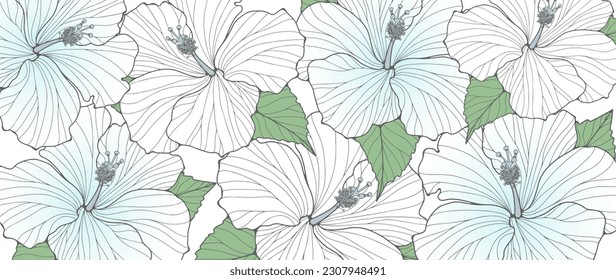 Delicate white floral background with light blue flowers and green leaves. Background for decor, postcards, business cards, wallpapers