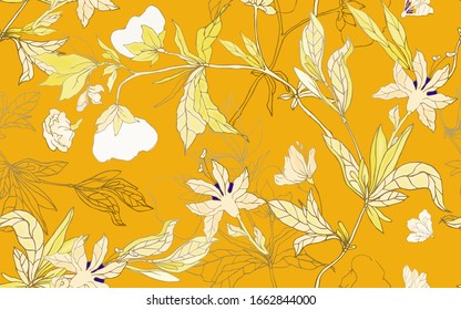 Delicate white floral ornament of branches, leaves and inflorescences on a ochre yellow background. Seamless pattern. Vector hand-drawn illustration.
