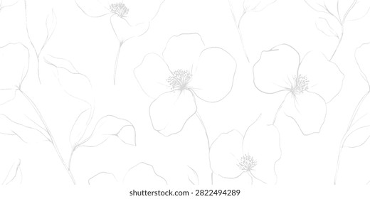 Delicate white floral pattern with subtle gray line of blooming flowers and leaves