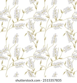 Delicate White Floral Vine Pattern with Green Leaves on Light Background seamless pattern vector illustration for Nature-Inspired Decor, wallpaper, textiles, fabric and designer packaging.