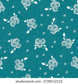 Delicadas flores blancas con fondo verde azulado punteado para ropa de cama de tela de Fondo de pantalla, tapicería, envoltura de regalo y acogedora decoración para el hogar.
