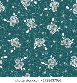 Delicate white florals with dotted teal background for wallpaper fabric bedding upholstery gift wrap and cozy home decor.