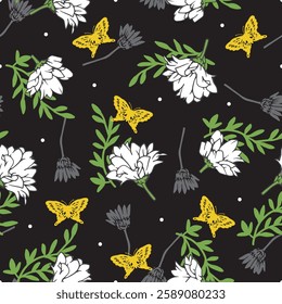 Delicate White Flower and Yellow Butterfly Pattern. Perfect for spring-inspired designs, fabric printing, wallpaper, or packaging, this pattern exudes a fresh and modern botanical aesthetic.