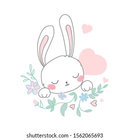 Delicate white hare in pink and blue colors and hearts around. Children's vector illustration in pastel colors. For newborn and babys