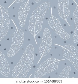 Delicate White Lacey Winter Holiday Feathers and Sparkling Silver Foil Stars Vector Seamless Pattern. Modern Elegant Christmas Background. Brisk Air