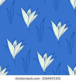 delicate white lilies on a blue background. seamless background with white colors. doodle lilies