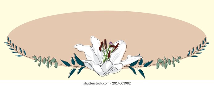 Delicate white lily oval frame. Floral vector illustration. Greeting card or cute price tag template. Simple flowers arrangement. Outline and flat colors.