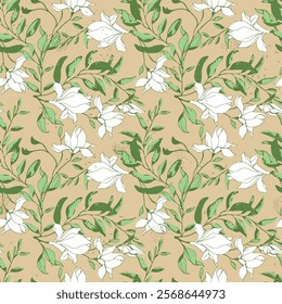 Delicate White Magnolia Floral Seamless Pattern on a Beige Background