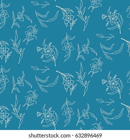 Delicate white outline on a blue background. Vector simple seamless flower pattern