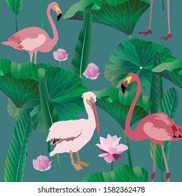 Delicate white pelikan, two pink flamingo, palm tree leaves and inflorescence of water lily. Vector illustration. Picture with exotic birds and flowers on a dark blue background. Endless pattern