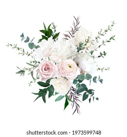 Delicate white peony, cream white magnolia, pink rose and ranunculus, peony flowers, eucalyptus, greenery, agonis big vector design wedding bouquet.Floral watercolor.Elements are isolated and editable