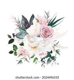 Delicate white peony, cream white magnolia, pink rose and hydrangea, astilbe flower, eucalyptus, greenery, agonis big vector design wedding bouquet.Floral watercolor.Elements are isolated and editable