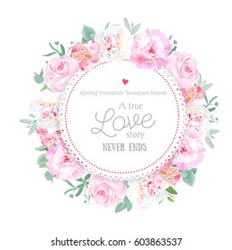 Delicate white and pink peonies, alstroemeria lily, rose, eucalyptus leaves round vector frame. All elements are isolated and editable.