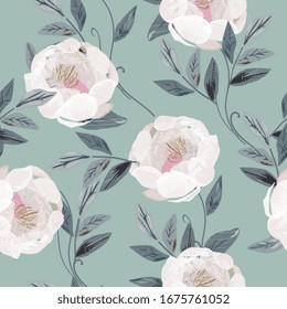 Delicate white roses and peonies with petals and leaves on a light blue grey background. Floral seamless vector pattern. Imitation of stitch embroidery on silk fabric.