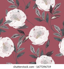 Delicate white roses and peonies with petals and leaves on a red color background. Floral seamless vector pattern. Imitation of stitch embroidery on silk fabric.