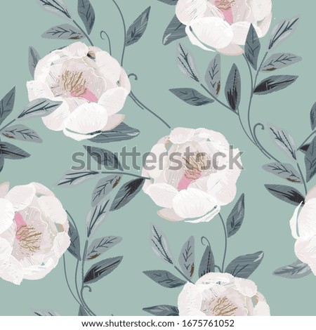 Delicate white roses and peonies with petals and leaves on a light blue grey background. Floral seamless vector pattern. Imitation of stitch embroidery on silk fabric.