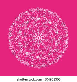 Delicate white round  lacy doily isolated on magenta background