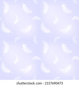 Delicate white transparent feathers on a light lilac background. Seamless pattern, abstract print, vector illustration